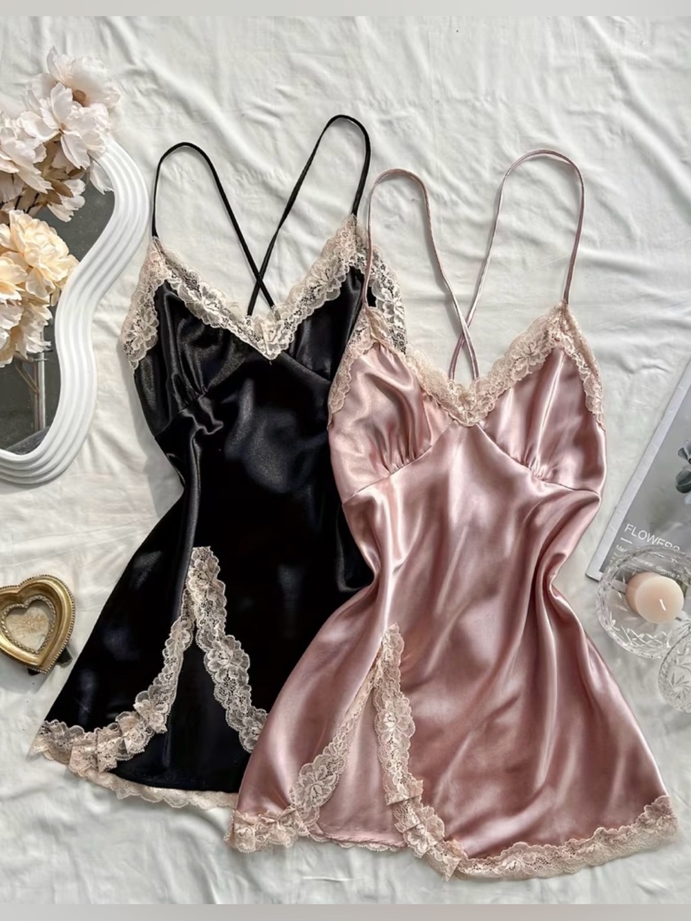 🆕 2 Pc Silk Satin Lace-Trim Chemise Slip - Pink and Black
